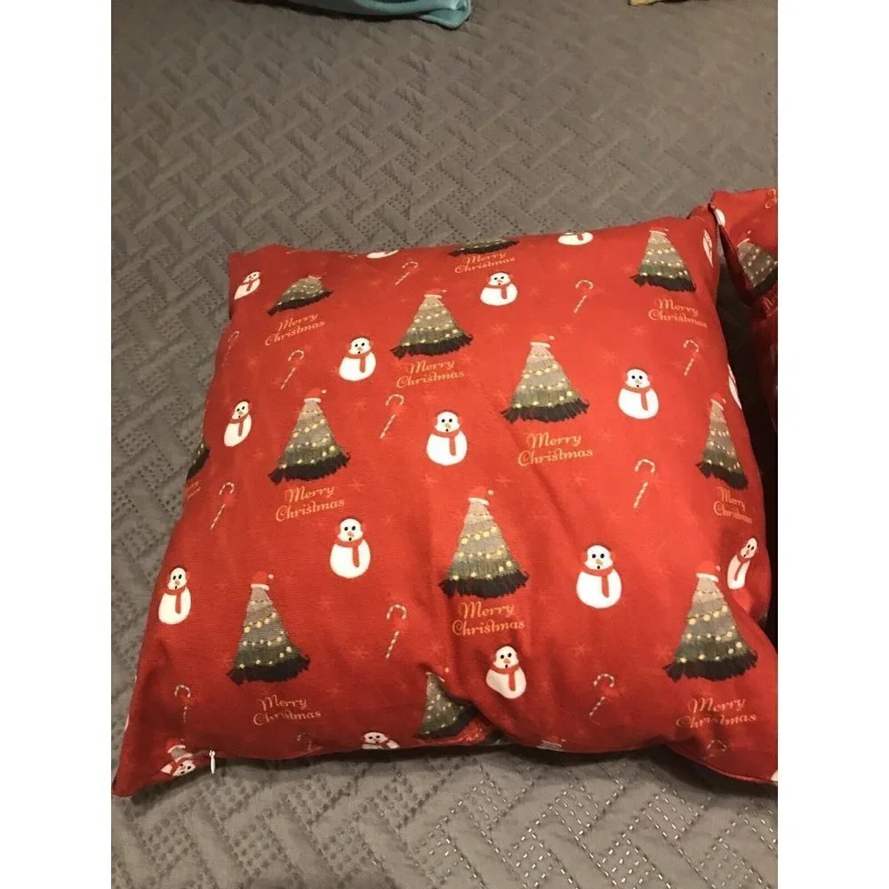 2 Snowman Pillows Winter Scene Merry Christmas 18x18” Stuffed & Zippered Soft
